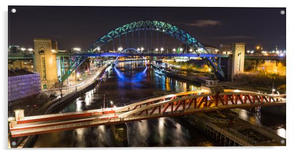Newcastle Bridges at Night Acrylic by Naylor's Photography