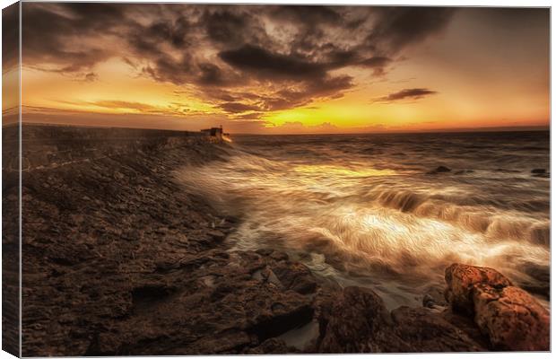 Porthcawl Sunrise with an oil painting effect on t Canvas Print by Leighton Collins