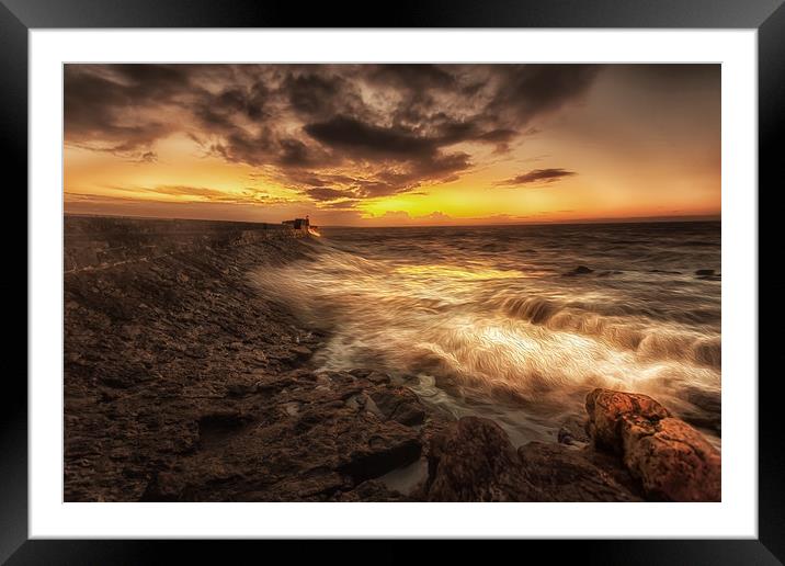 Porthcawl Sunrise with an oil painting effect on t Framed Mounted Print by Leighton Collins