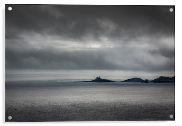 Mumbles lighthouse on a cloudy day. Acrylic by Bryn Morgan