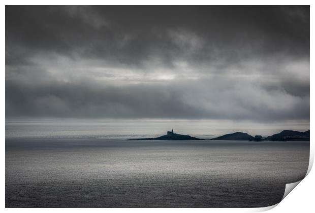 Mumbles lighthouse on a cloudy day. Print by Bryn Morgan