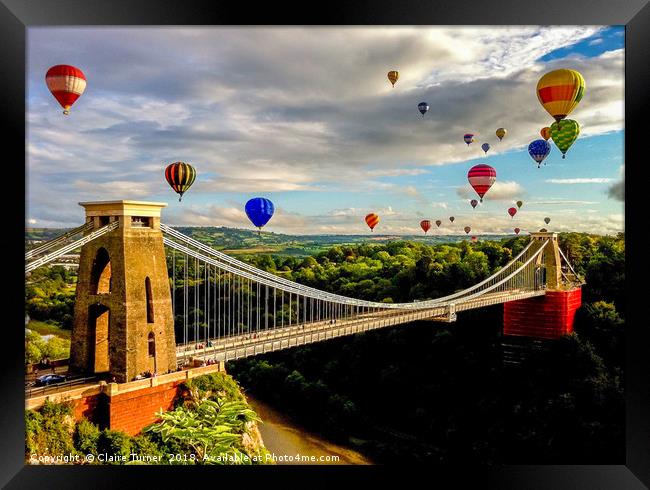 Hot air balloons over Clifton suspension bridge Framed Print by Claire Turner