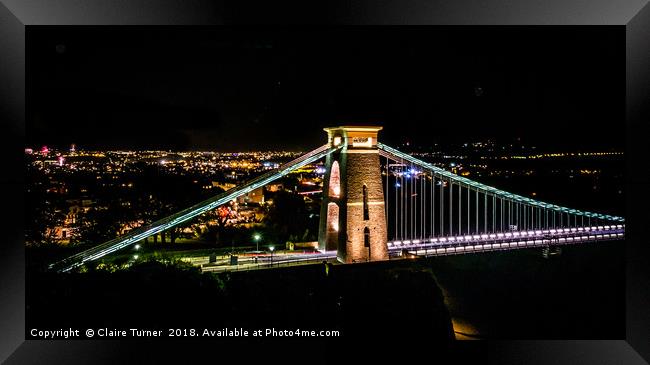 Clifton suspension bridge on fireworks night Framed Print by Claire Turner