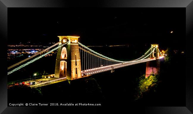 Clifton suspension bridge with moon Framed Print by Claire Turner