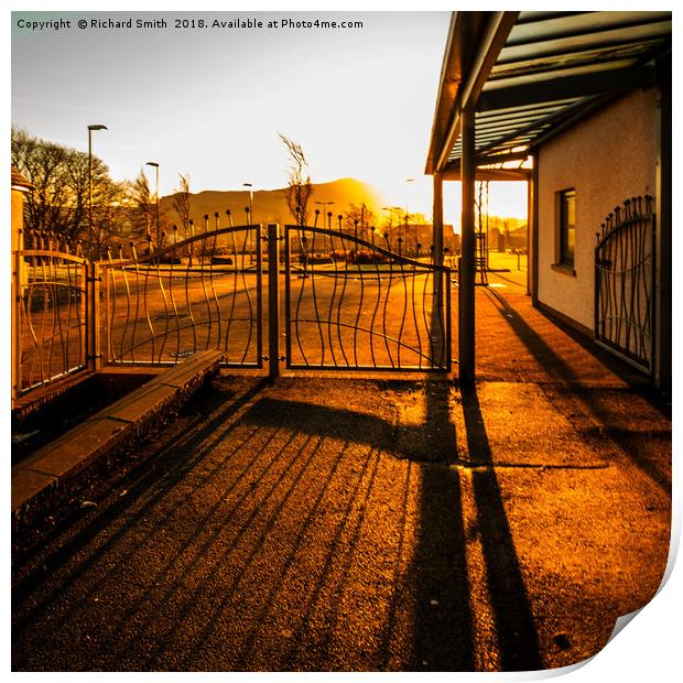 Bright early morning sunlight through gates Print by Richard Smith