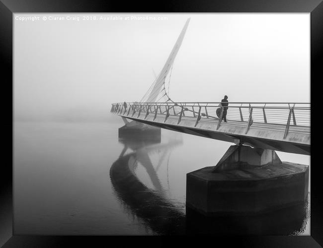 Man walks over the Peace Bridge  Framed Print by Ciaran Craig