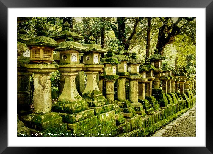 Moss covered Japanese lantern statues Framed Mounted Print by Claire Turner