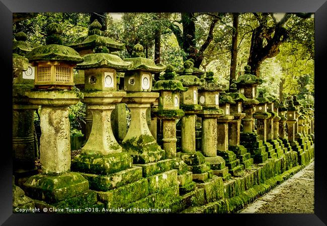 Moss covered Japanese lantern statues Framed Print by Claire Turner