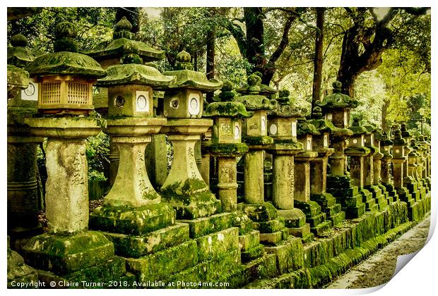 Moss covered Japanese lantern statues Print by Claire Turner