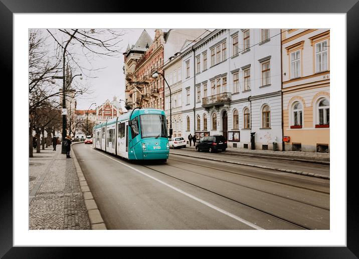 Prague Street with tram Framed Mounted Print by John Ly