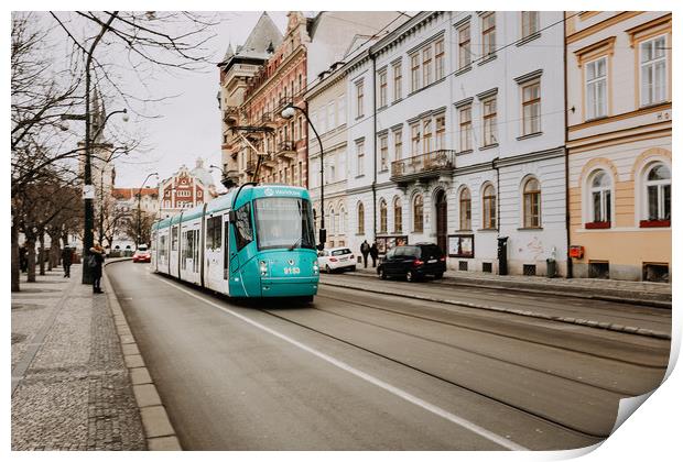 Prague Street with tram Print by John Ly