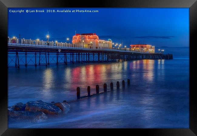 Worthing Pier Night Lights Framed Print by Len Brook