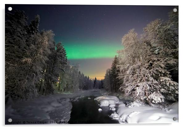 The Aurora Borealis dances over a wintered stream Acrylic by Teresa Cooper