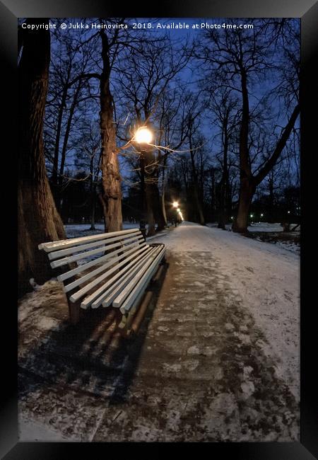 Bench In The Dark Park Framed Print by Jukka Heinovirta