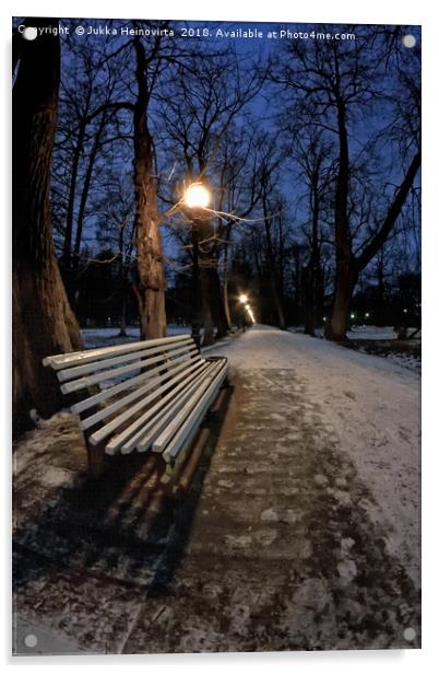 Bench In The Dark Park Acrylic by Jukka Heinovirta