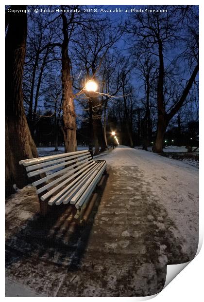 Bench In The Dark Park Print by Jukka Heinovirta