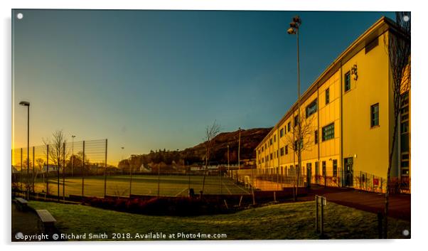 The all weather pitches at Portree High School. Acrylic by Richard Smith
