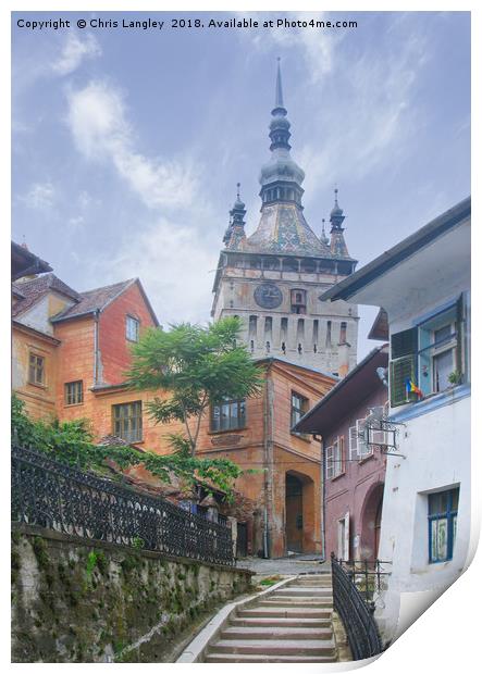 Approaching the Barbican, Sighisoara, Romania. Print by Chris Langley