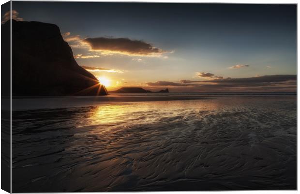 Sunset and wet sand at Worms Head Canvas Print by Leighton Collins