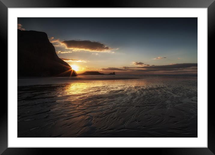 Sunset and wet sand at Worms Head Framed Mounted Print by Leighton Collins