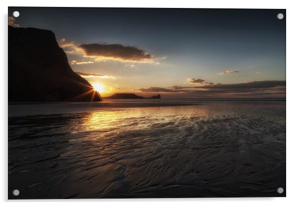 Sunset and wet sand at Worms Head Acrylic by Leighton Collins