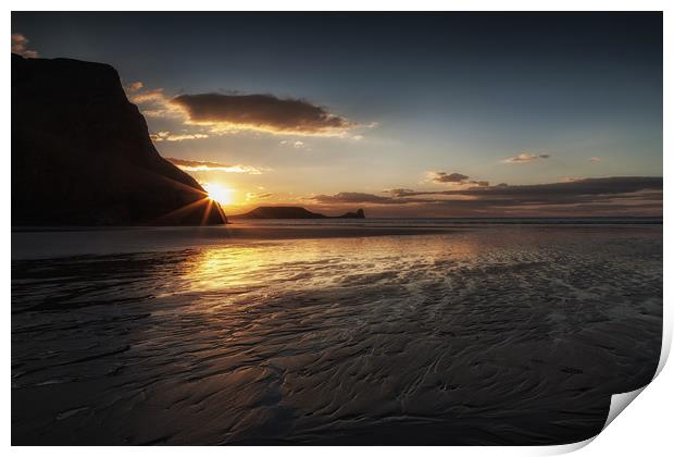 Sunset and wet sand at Worms Head Print by Leighton Collins