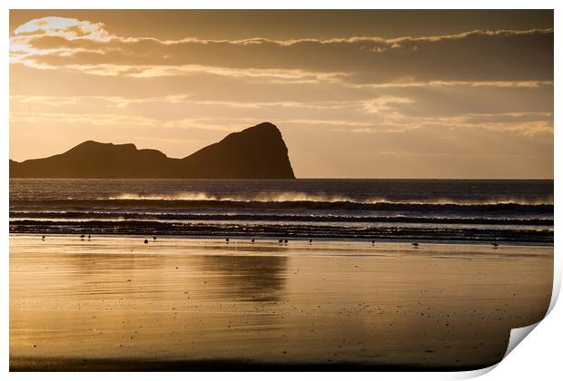 Rhossili beach and Worms Head Print by Leighton Collins