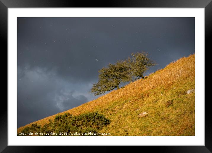 Hawthorn Trees and Falling Snow Brecon Beacons Framed Mounted Print by Nick Jenkins