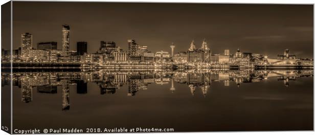 Liverpool skyline panorama at night - Sepia Canvas Print by Paul Madden