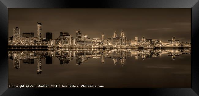 Liverpool skyline panorama at night - Sepia Framed Print by Paul Madden