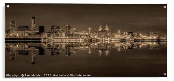 Liverpool skyline panorama at night - Sepia Acrylic by Paul Madden