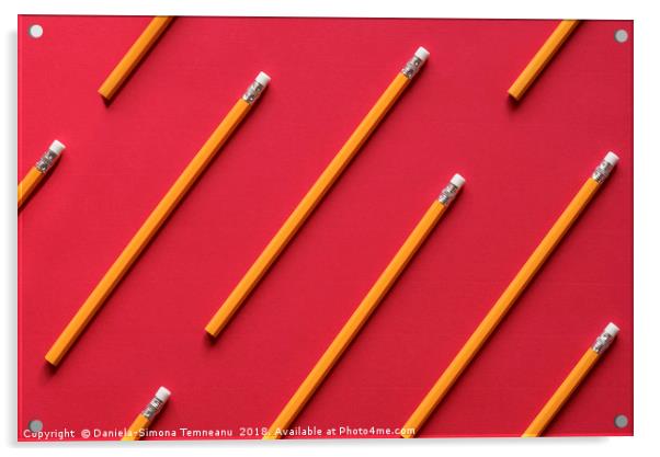 Yellow wooden pencil on red background Acrylic by Daniela Simona Temneanu