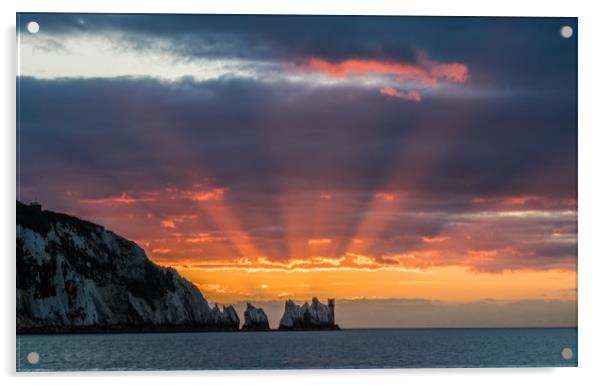 Red starburst sunset behind the Needles rocks Acrylic by Alf Damp