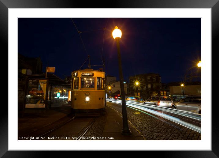 Porto Night Tram  Framed Mounted Print by Rob Hawkins