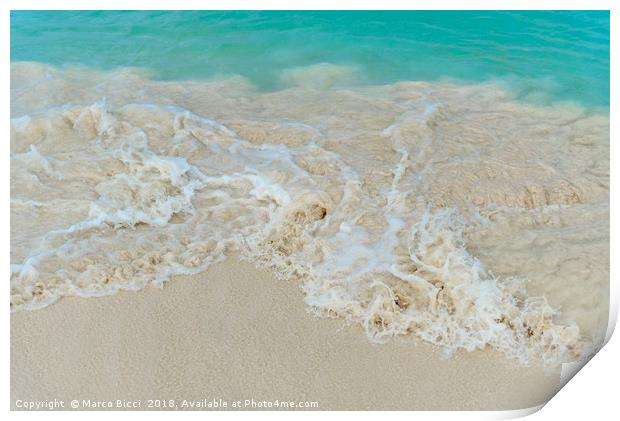 Shiny tropic sea wave on golden beach sand in Arub Print by Marco Bicci