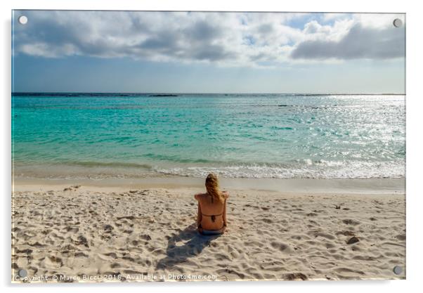 Woman relax in front of the Caribbean Sea in Aruba Acrylic by Marco Bicci