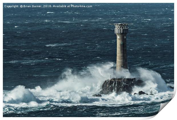 Longships Lighthouse in Rough Sea Print by Brian Garner