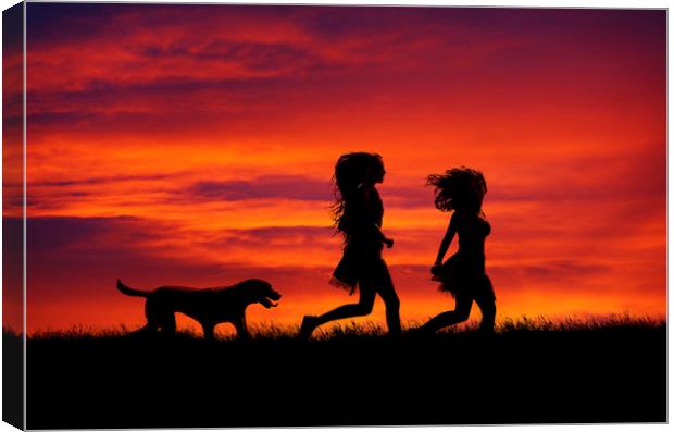 Two Girls and their dog running at sunset Canvas Print by Maggie McCall