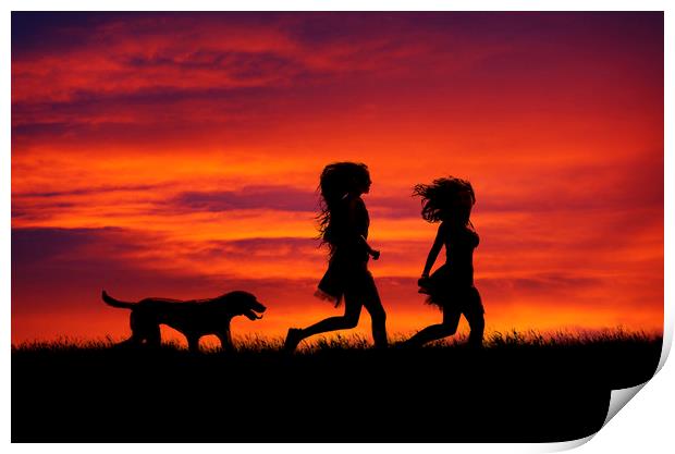 Two Girls and their dog running at sunset Print by Maggie McCall