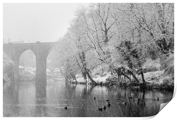 Knaresborough Viaduct in winter snow Print by mike morley