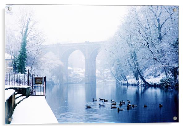  Knaresborough Viaduct in winter snow, North Yorks Acrylic by mike morley