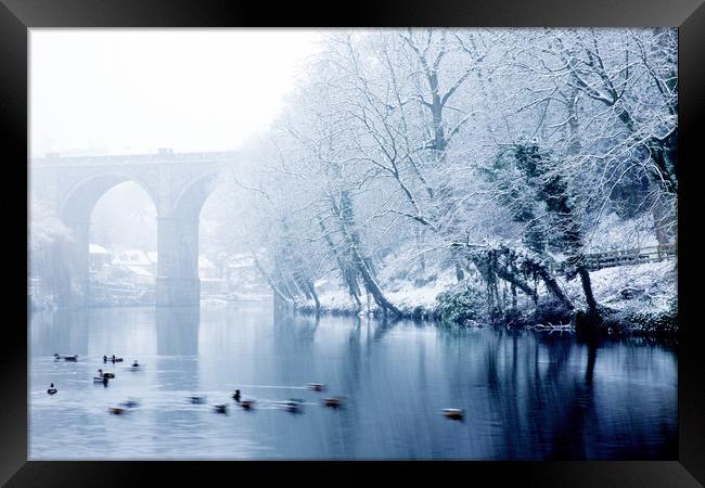 Knaresborough Viaduct in winter snow Framed Print by mike morley