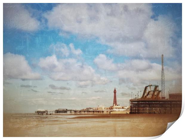 Blackpool Piers.   Print by Victor Burnside