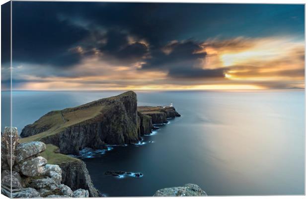 Neist Point Lighthouse, long exposure sunset Canvas Print by John Finney