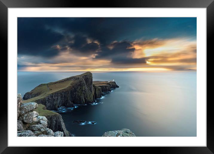 Neist Point Lighthouse, long exposure sunset Framed Mounted Print by John Finney