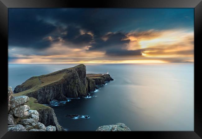 Neist Point Lighthouse, long exposure sunset Framed Print by John Finney