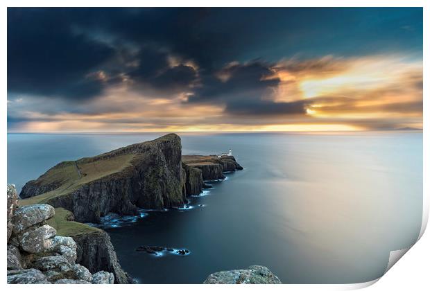 Neist Point Lighthouse, long exposure sunset Print by John Finney