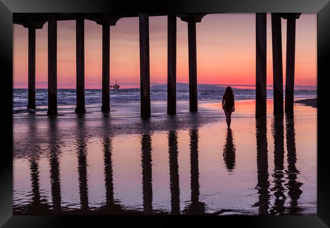 Huntingdon Beach Pier Silhouette at sunset Framed Print by Maggie McCall