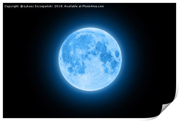 Blue super moon glowing with blue halo isolated on Print by Łukasz Szczepański
