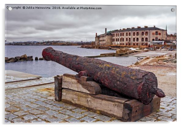 Old Cannon At The Port Acrylic by Jukka Heinovirta